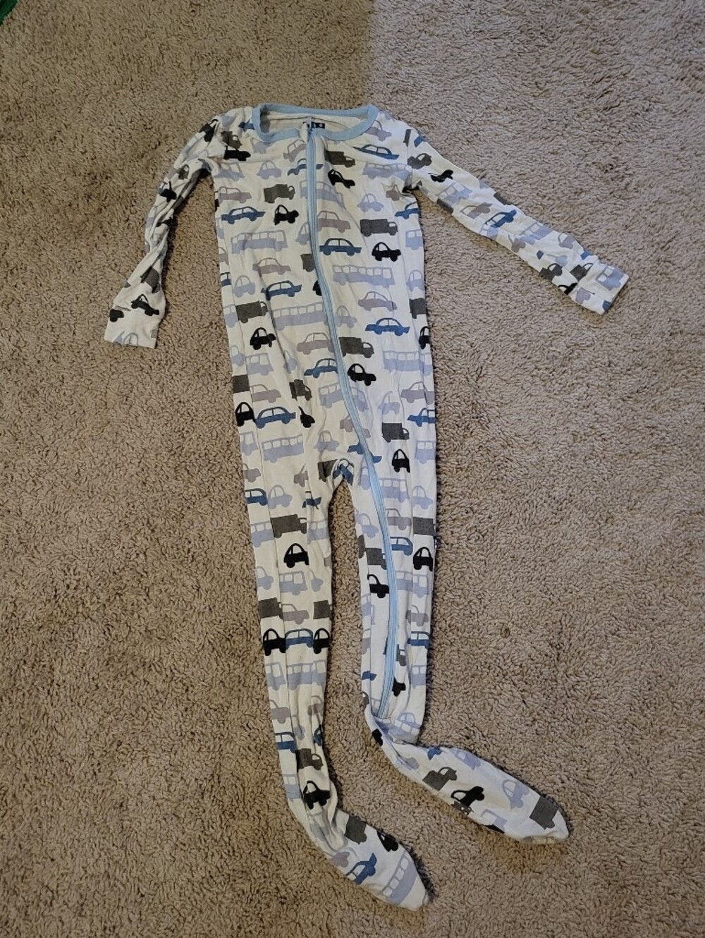 Kickee Pants White Footed One-Piece Pajama with Blue and Gray Car Print